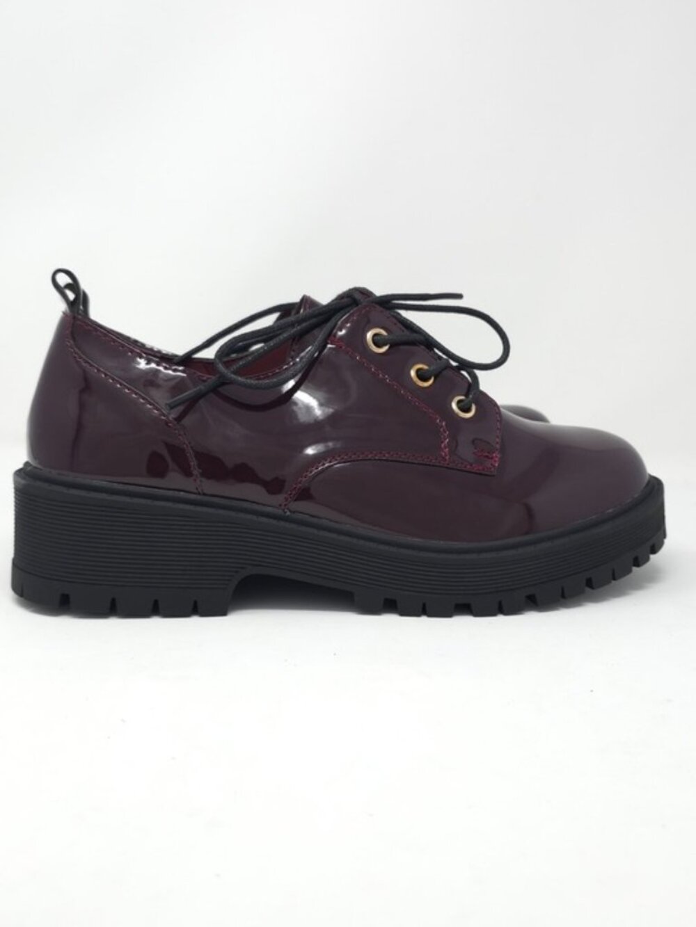 Chunky Platform Faux Leather Oxford Patent Wine Lug Sole Lace Up - Picture 4 of 11
